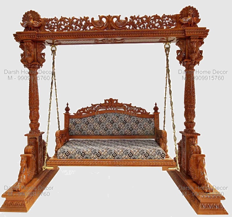 12_11zon-TP Exquisite handcrafted Indian wooden swing with ornate floral carving top beam, cushioned seating and export-quality artistry, perfect for luxury homes.
