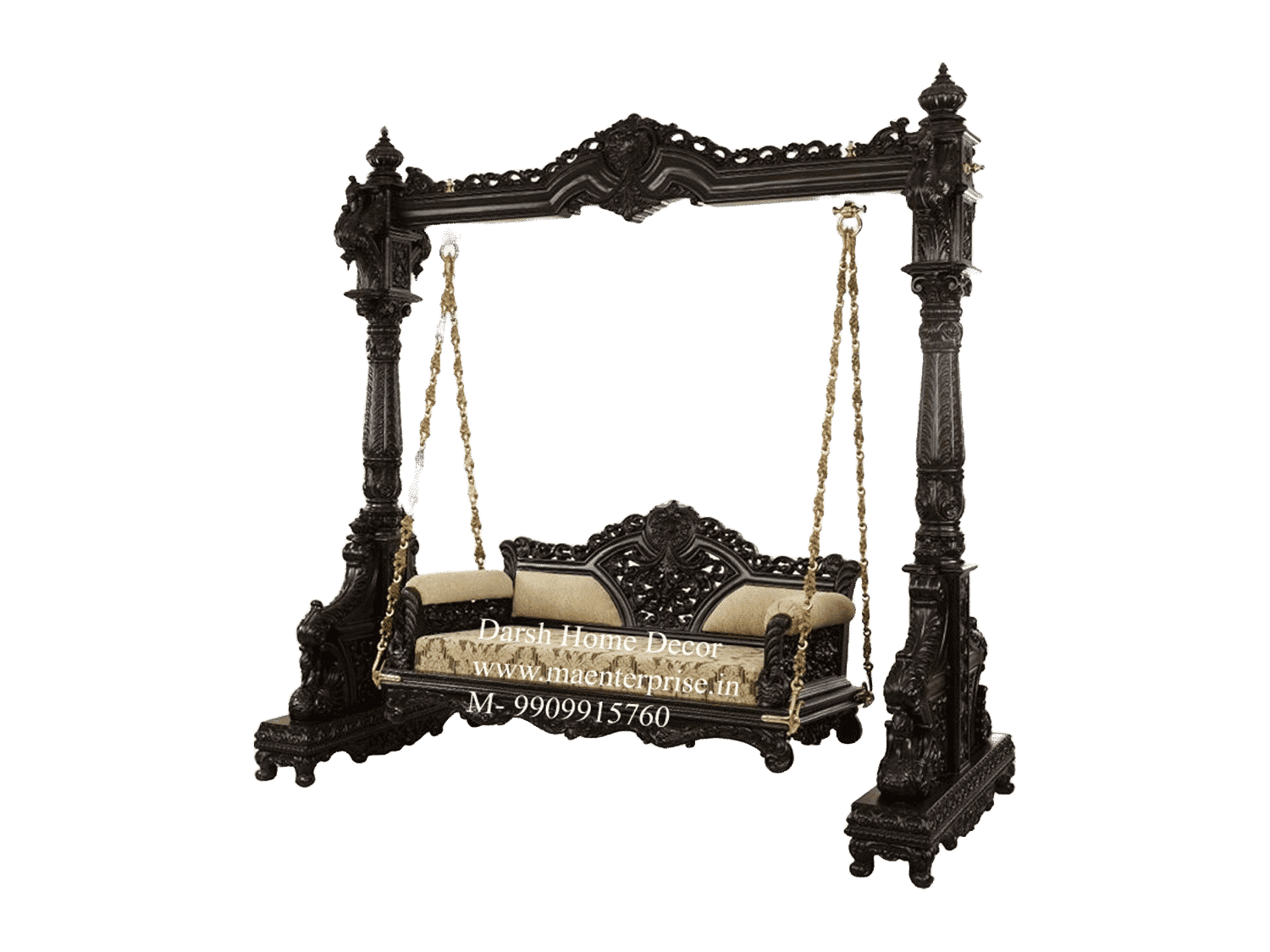 Adobe Express - file Elegant wooden swing with cream upholstered seat and ornate carvings, handcrafted jhoola for Hindu homes and decor in USA and UK