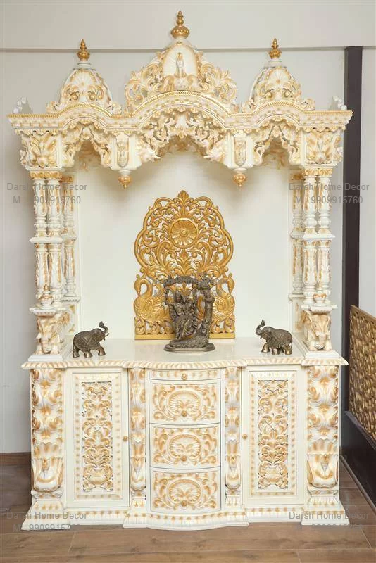 Antique Wooden Temple for Home Elegant ivory white marble pooja mandir with golden carvings and artistic archwork, handcrafted export-quality Hindu temple for international buyers in USA and UK.