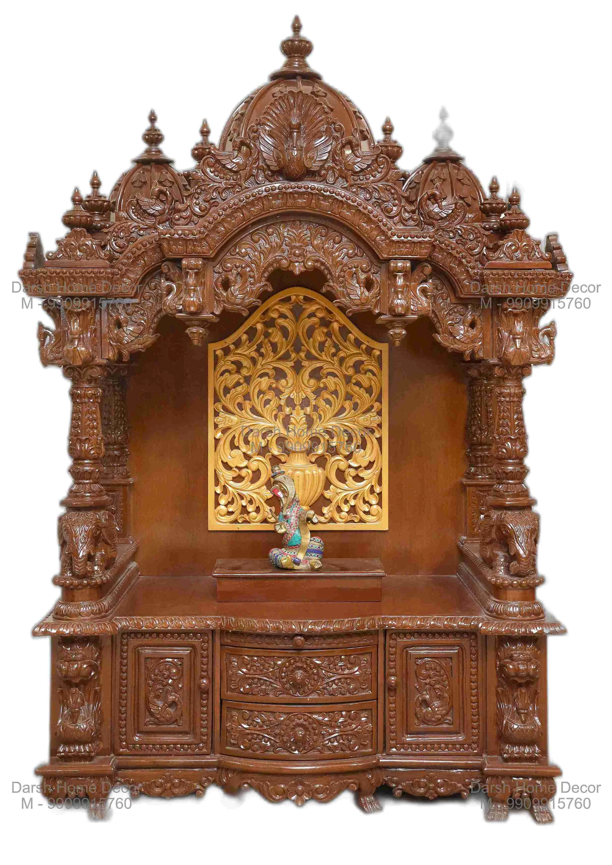 Big_1.1-TP Handcrafted dark wooden Indian pooja mandir with intricate dome and lattice carvings, export-quality temple for Hindu homes in USA and UK.