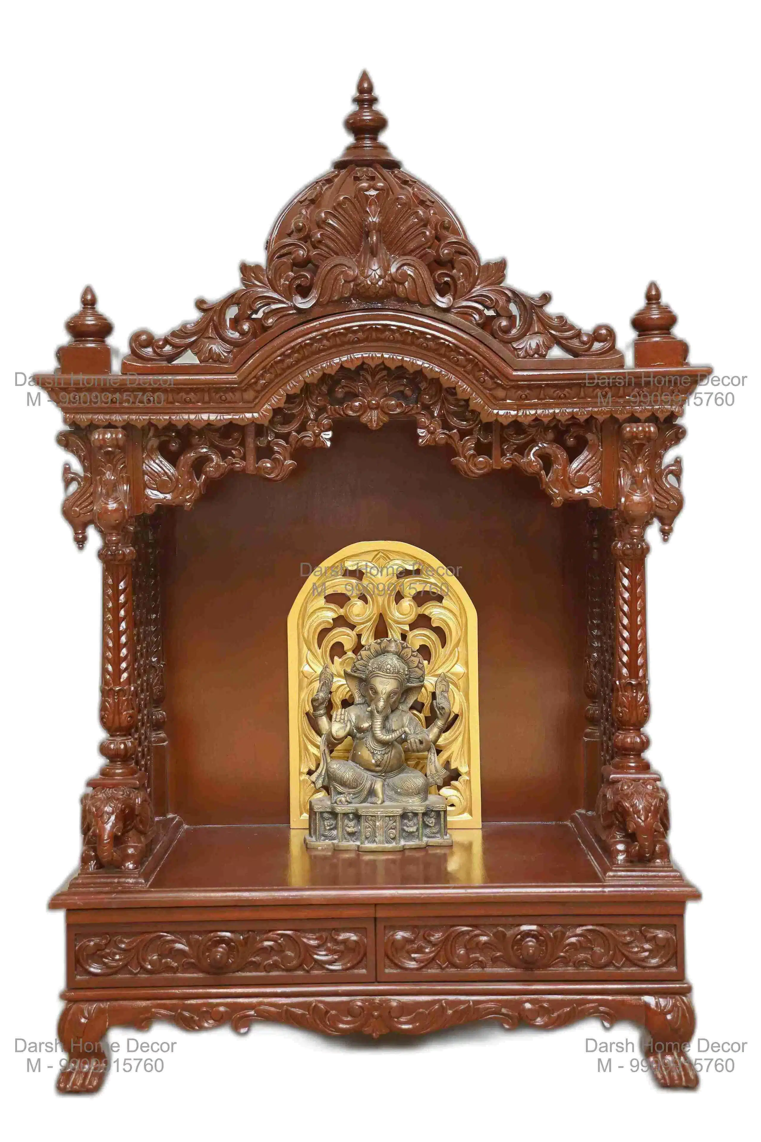 Big_10.1-TP Premium rosewood finish Indian wooden pooja mandir with ornate golden back panel, handcrafted export-quality temple for USA and UK Hindu families.