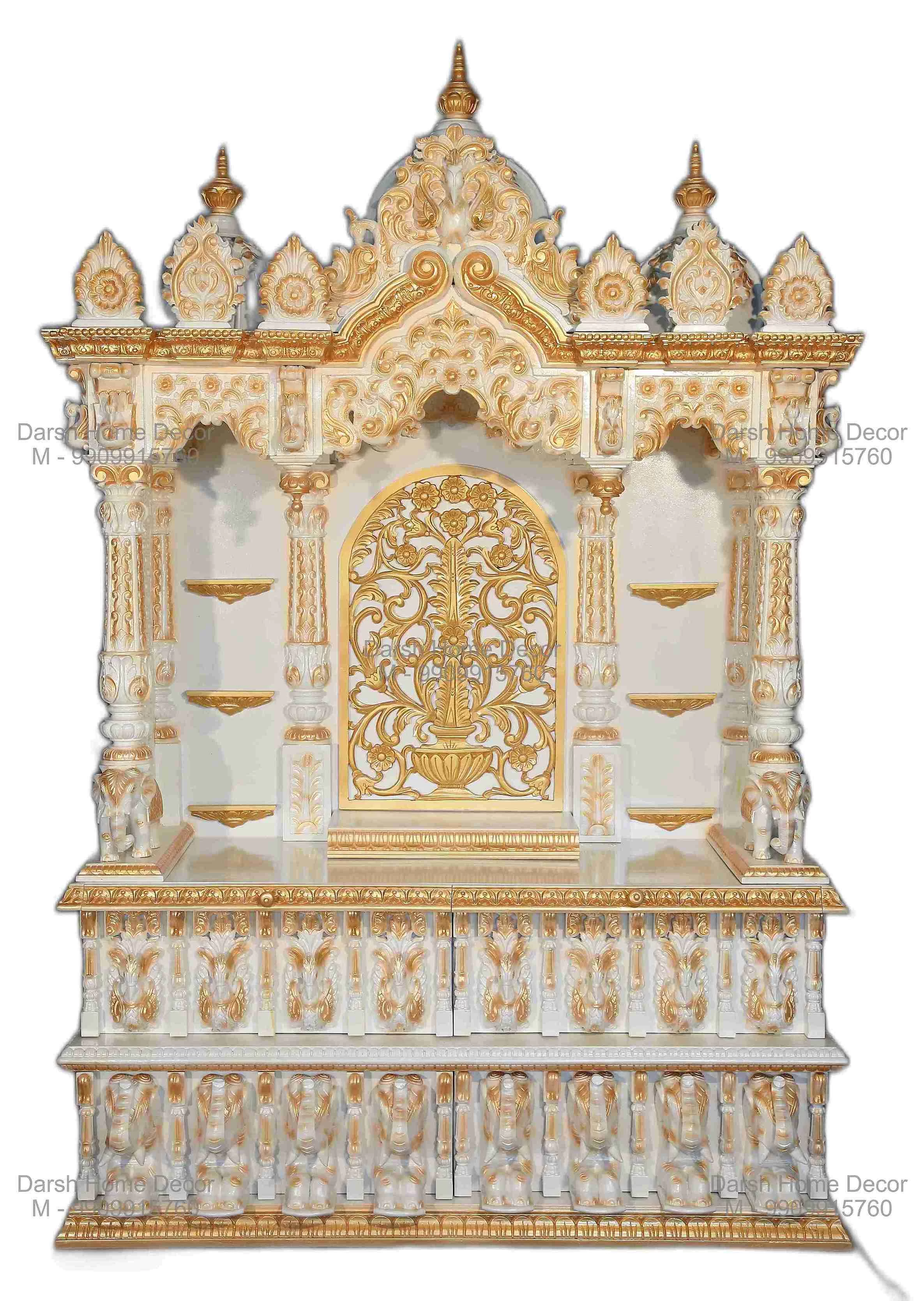 Luxury Indian marble temple with golden carvings and shikhara dome, handcrafted export-quality mandir for home worship and decor in USA and UK.