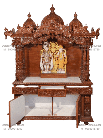 Big_18.1 TP Luxury teakwood Indian pooja mandir with deity idol and ornate carving, handcrafted export temple for USA and UK Hindu homes