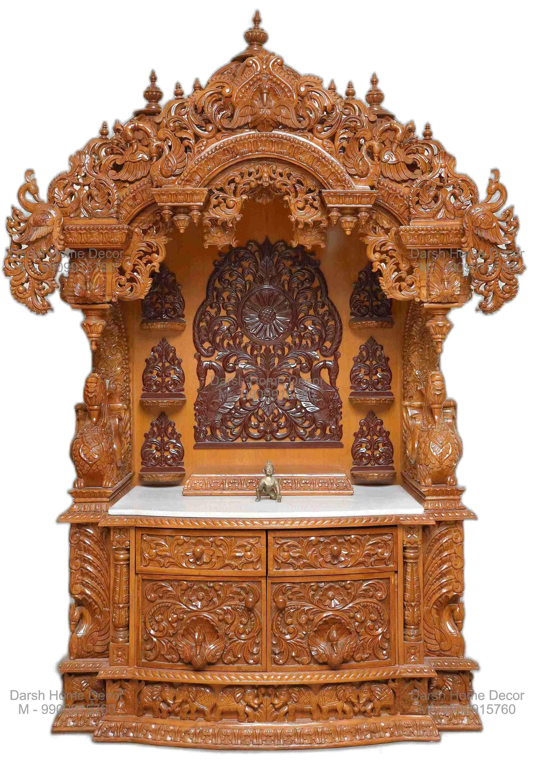 Traditional teakwood Indian pooja mandir with marble base, artistic carvings and handcrafted pillars, export-quality home temple for Hindu worship.