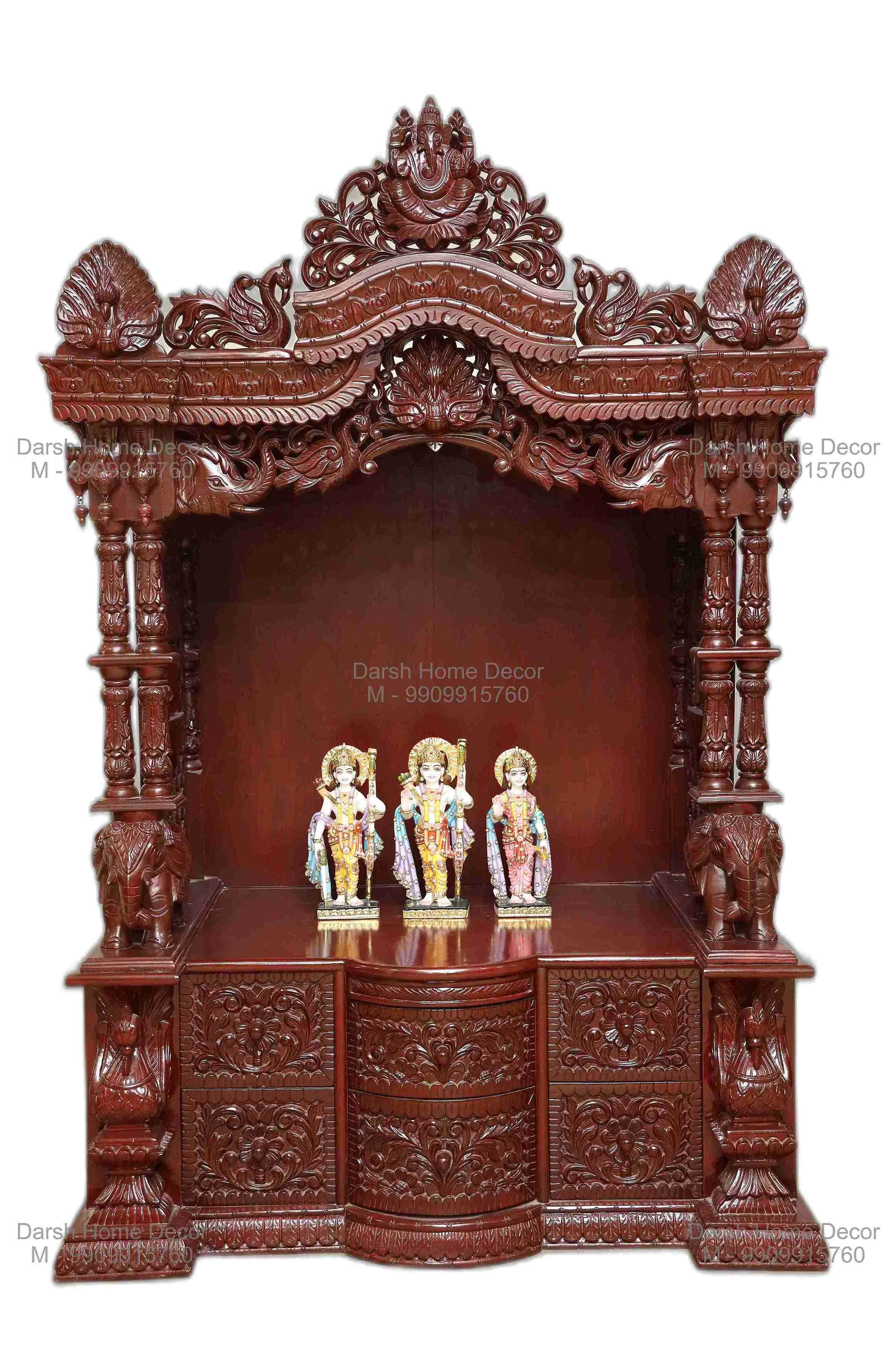 Big_5.1-TP Handcrafted solid wood Indian pooja mandir with polished brown finish and intricate dome carvings, export-quality Hindu temple for sale.