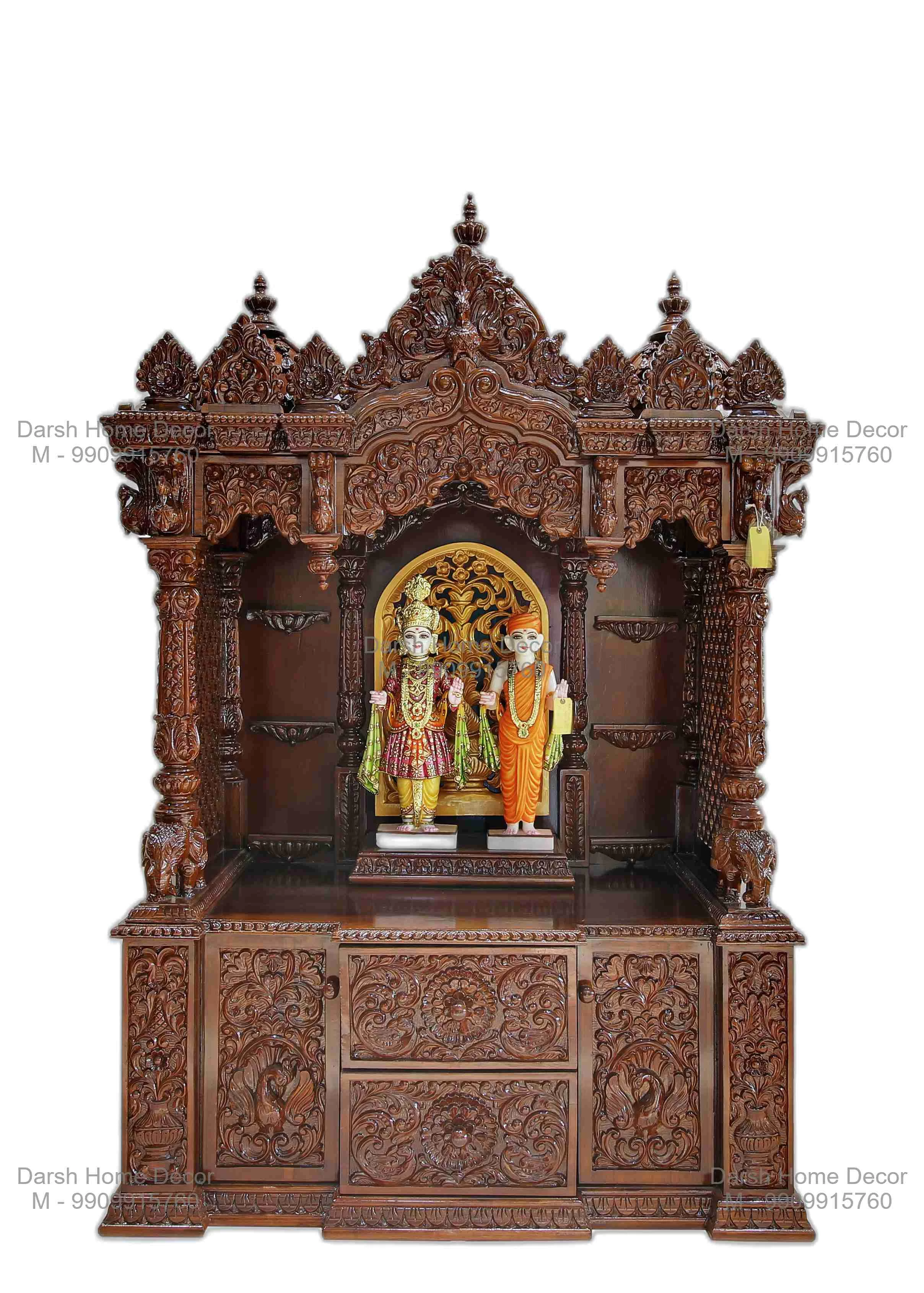 Premium carved african teak wood temple with rich brown finish, detailed dome architecture , handmade pooja mandir for international buyers.