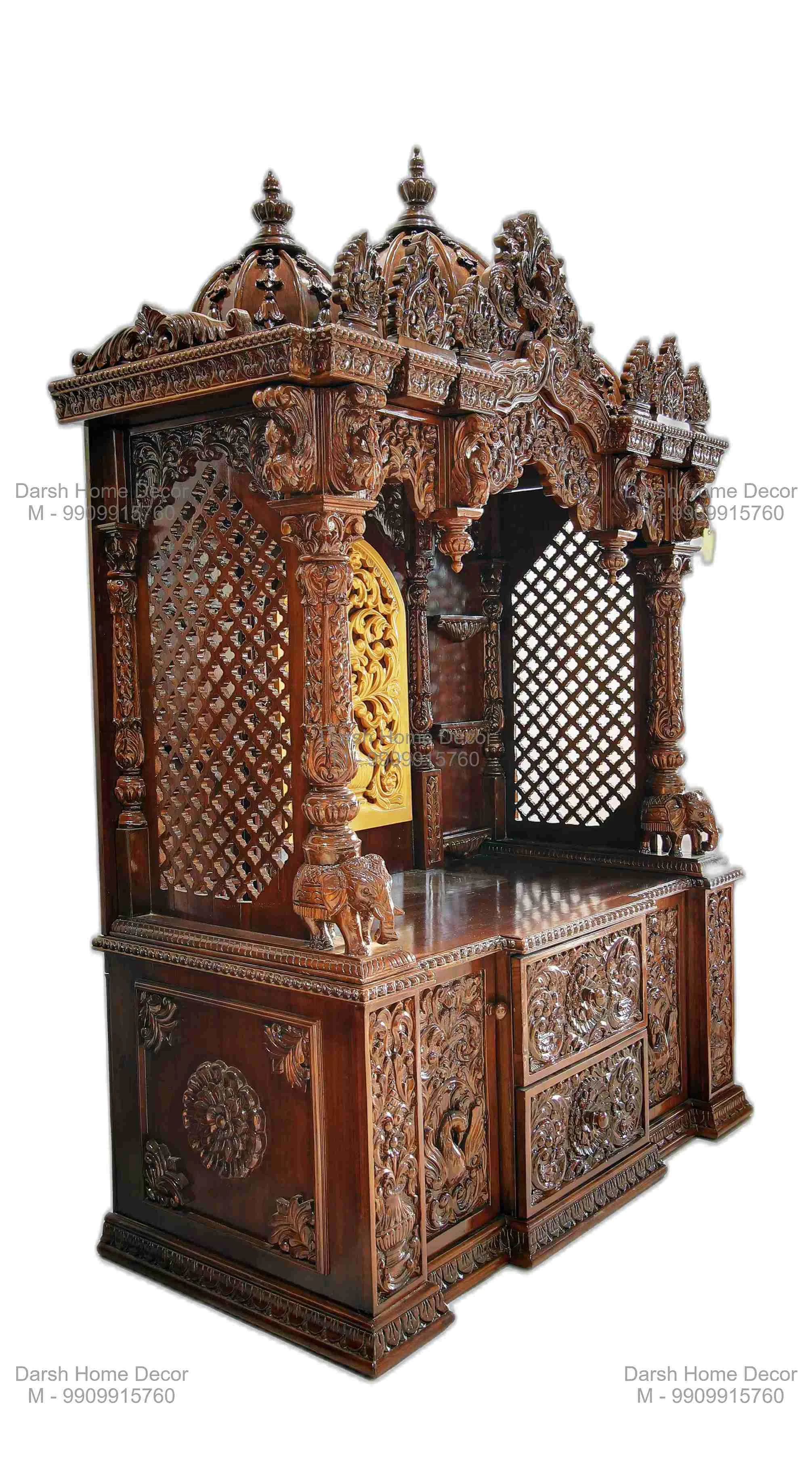 Buy wooden carved Indian temple with lattice panels and ornate pillar design, luxury handcrafted pooja mandir for Hindu homes and international export buyers.