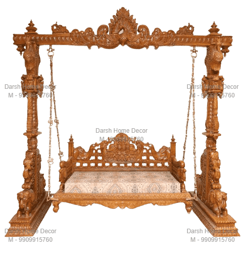 IMG_8687_5_11zon TP Luxury golden polish teakwood Indian swing with cushioned bench and ornate carvings, premium handcrafted jhoola exported to USA and UK.
