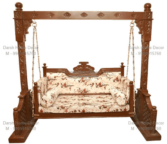 PWA_5437_8_11zon TP Traditional teakwood swing with printed cushion bench and carved design, premium handcrafted export-quality jhoola for USA and UK buyers.