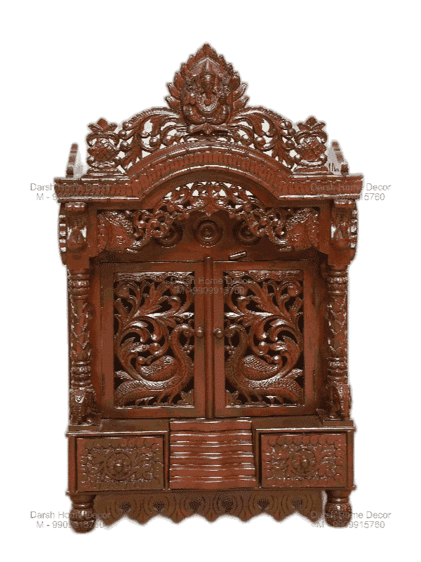 Small_1.1_transparent_edited Small handcrafted wooden pooja mandir with carved arch and deity idol, export-quality temple for USA and UK buyers.
