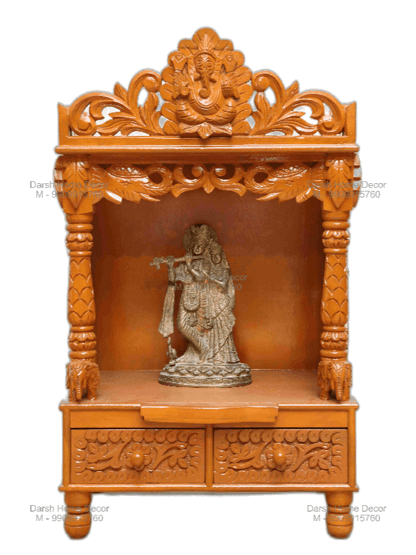 Elegant wooden pooja mandir with light teak finish, and drawers, handcrafted export temple for Hindu homes in USA and UK.