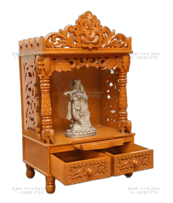 Elegant wooden pooja mandir with light teak finish, and drawers, handcrafted export temple for Hindu homes in USA and UK.