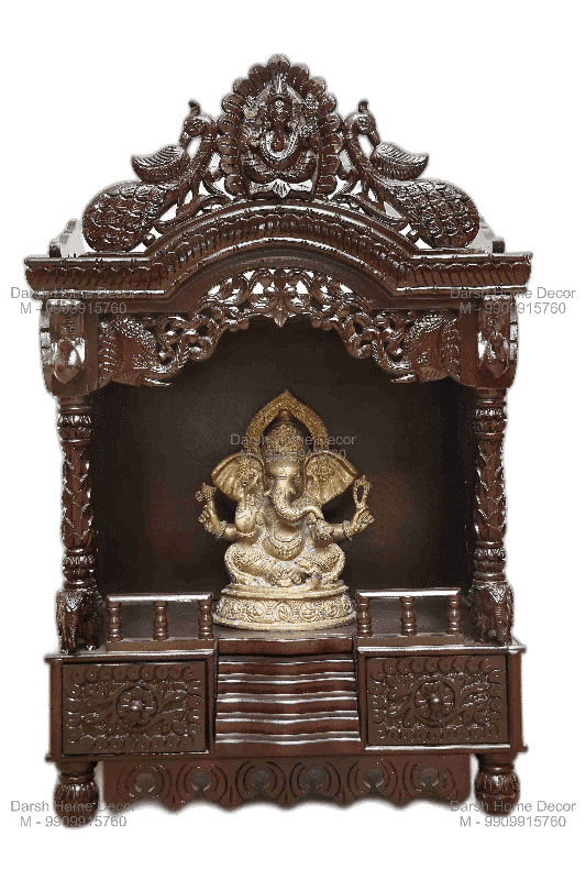 Handcrafted teakwood Hindu pooja mandir with drawer storage, premium export temple for USA and UK homes.
