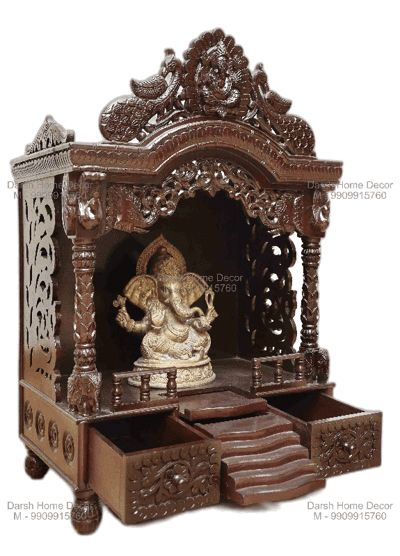 Handcrafted teakwood Hindu pooja mandir with drawer storage, premium export temple for USA and UK homes.