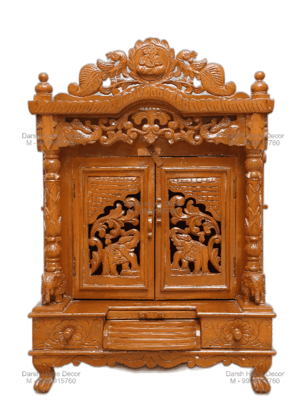 Handcrafted golden finish Hindu mandir with ornate carved doors and domed top, premium export-quality temple for USA and UK buyers.