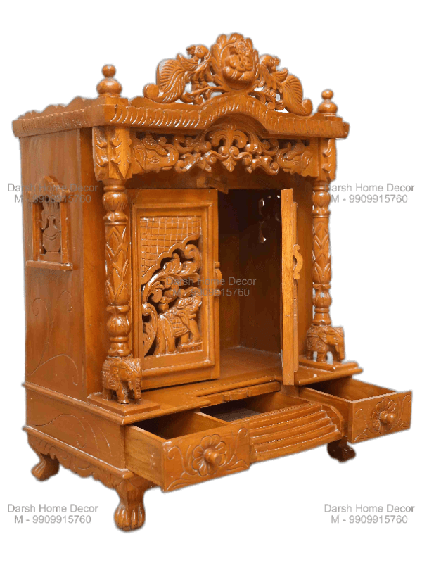 Handcrafted golden finish Hindu mandir with ornate carved doors and domed top, premium export-quality temple for USA and UK buyers.