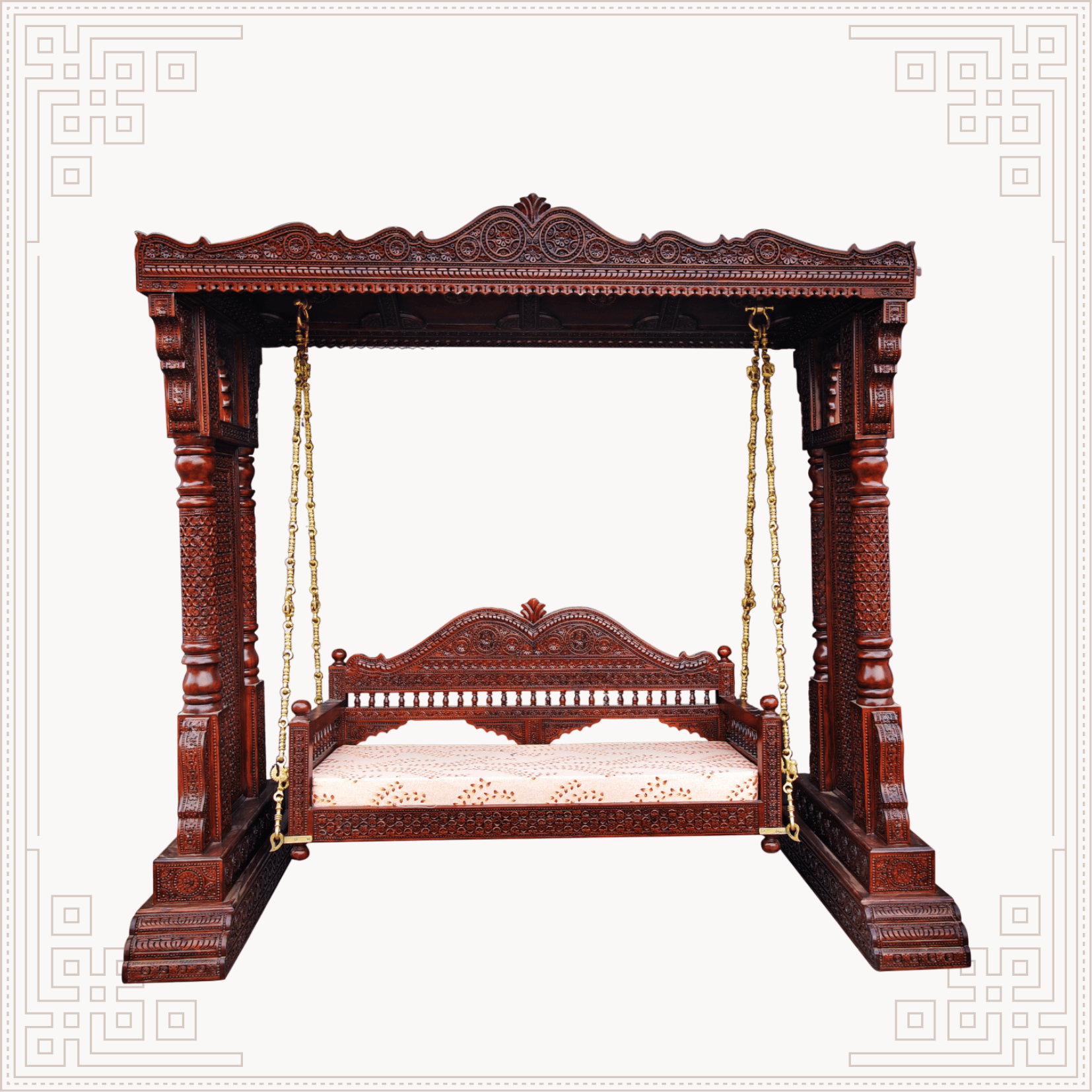 Luxury handcrafted modern wooden swing jhoola with cushioned seating, export-quality from India to USA and UK homes.