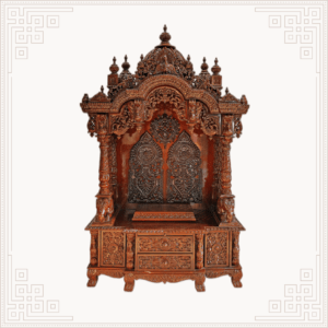 Handcrafted teakwood Indian pooja mandir with intricate carvings, premium export temple for USA and UK Hindu homes.