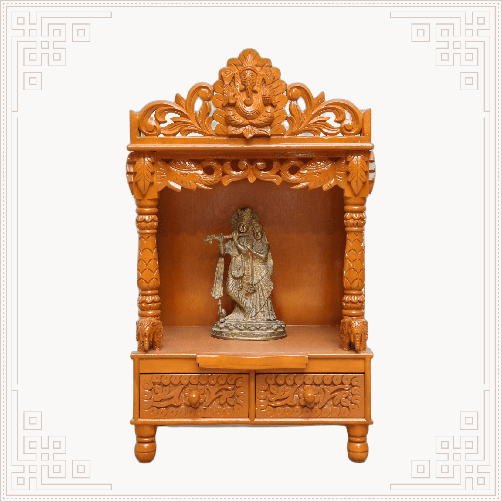 Elegant carved teakwood pooja mandir, handcrafted export-quality Hindu temple for homes in USA and UK.