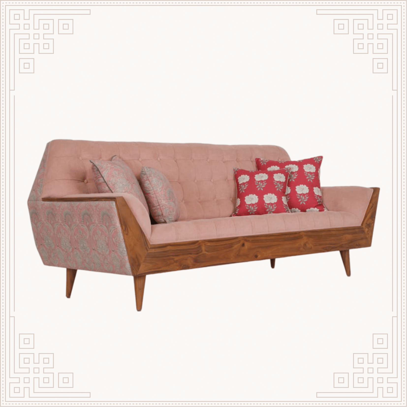 Modern teakwood sofa with light pink fabric upholstery and red cushions, handcrafted export-quality living room furniture for USA and UK homes.