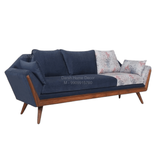 Contemporary teakwood sofa with navy-blue fabric and wooden legs, handcrafted export-quality living room furniture for USA and UK buyers.