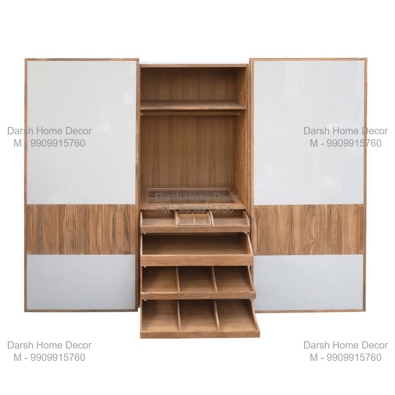 watermarked_DOL-TKSLID_2-1 Spacious teakwood wardrobe with open shelves and shoe storage, handcrafted export-quality furniture for USA and UK bedrooms.