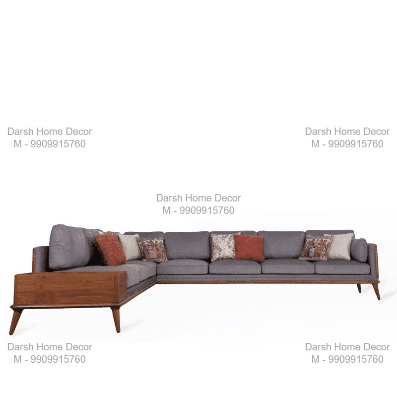 Contemporary L-shaped sectional sofa with fabric cushions and teakwood frame, handcrafted export-quality seating for modern homes in USA and UK.