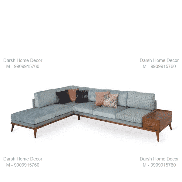 Contemporary L-shaped sectional sofa with fabric cushions and teakwood frame, handcrafted export-quality seating for modern homes in USA and UK.