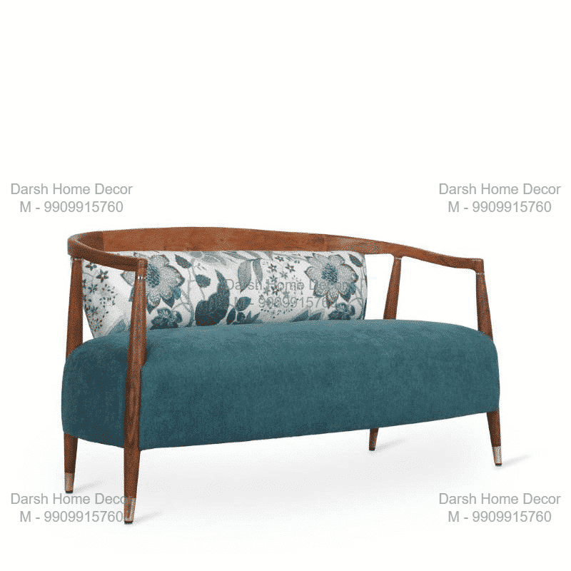Designer curved teakwood sofa with blue upholstery and contemporary finish, handcrafted export-quality seating for USA and UK buyers.