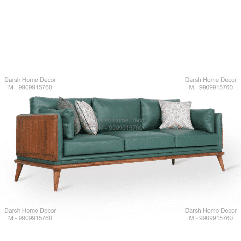 Contemporary teakwood sofa set with green fabric cushions, handcrafted Indian living room furniture exported to USA and UK homes