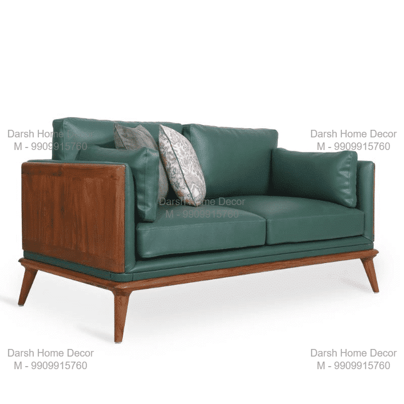 Contemporary teakwood sofa set with green fabric cushions, handcrafted Indian living room furniture exported to USA and UK homes