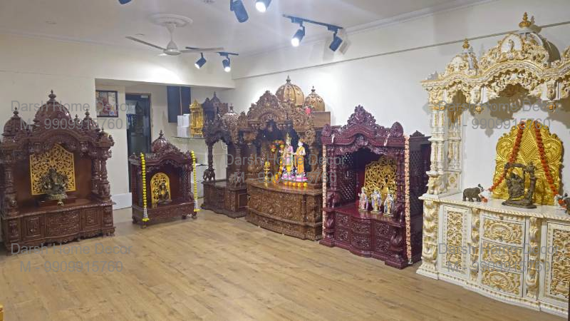 Handmade Indian wooden mandir with intricate floral carvings and deity placement, premium pooja temple for sale, export-ready for USA and UK homes.