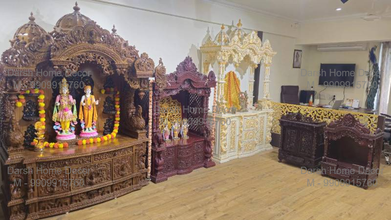Buy export-quality Indian wooden and marble temple with handcrafted carvings, ornate domes and spacious idol area, luxury pooja mandir for homes and international buyers.