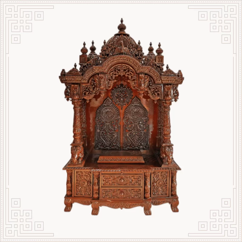 teakwood pooja mandir with rich carvings and dome shikhara, handcrafted export-quality Indian temple for worship, homes, and international buyers.