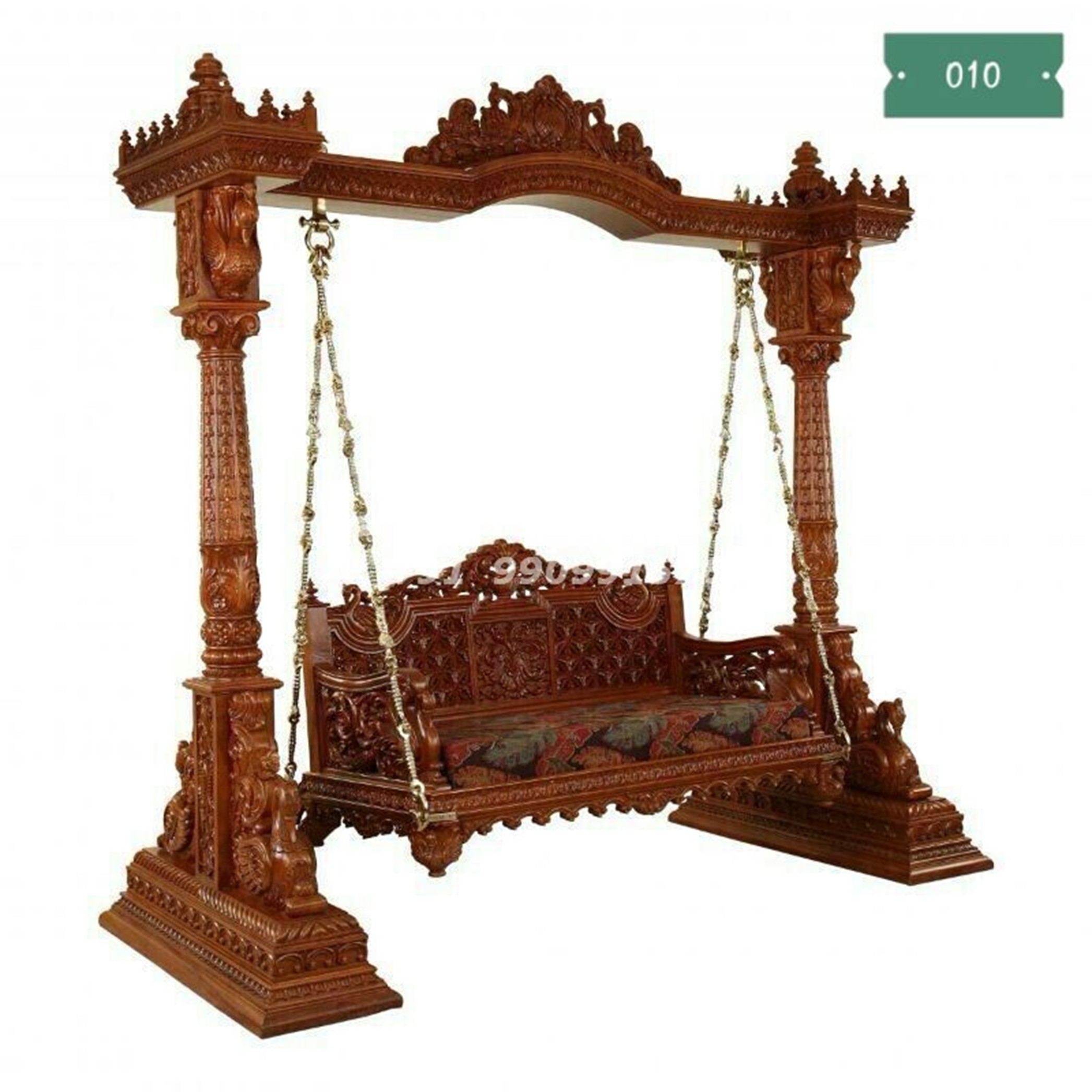 Picture8 A majestic, hand-carved wooden swing (jhula) made from polished, dark-brown wood. This traditional Indian wooden swing features two massive, intricately detailed pillars supporting an ornate crossbeam, from which the carved seat is suspended by decorative chains. The entire structure showcases exquisite craftsmanship, set against a solid white background.