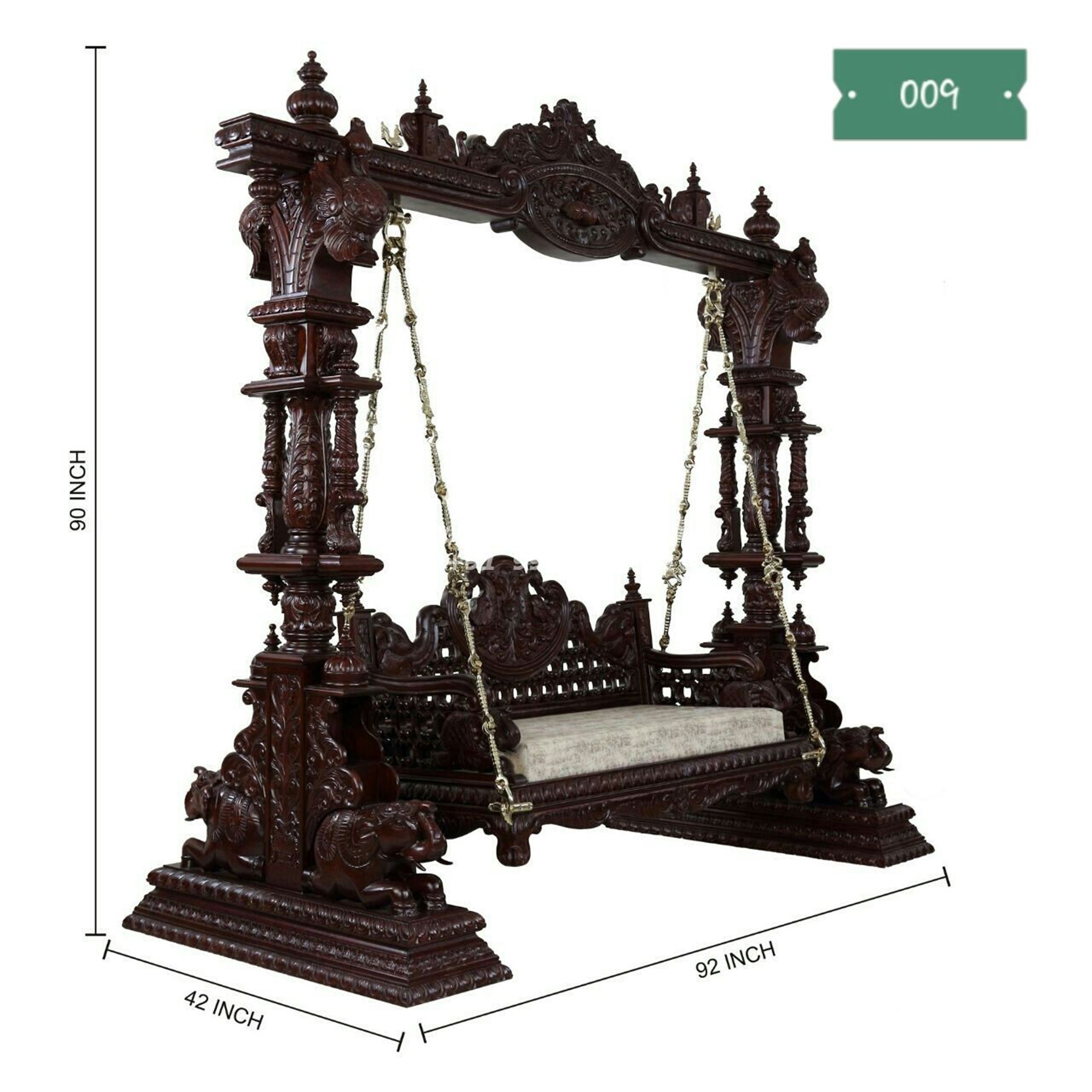 Picture9 A handcrafted royal Indian wooden swing, featuring an intricate elephant design on its grand, supportive pillars. This luxurious wooden swing (jhula) is built from premium-quality wood and is designed as a regal and comfortable centerpiece for a living room, showcasing exquisite traditional craftsmanship.